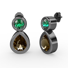 İkili Damla Küpe - Dumanlı kuvars ve yeşil kuvars 925 ayar siyah rodyum kaplama gümüş küpe #1vz6t73