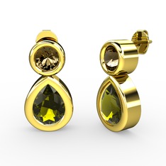 Peridot ve dumanlı kuvars 14 ayar altın küpe