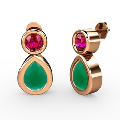 İkili Damla Küpe - Kök zümrüt ve rodolit garnet 14 ayar rose altın küpe #1xxc0m6