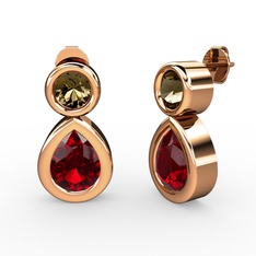 Garnet ve dumanlı kuvars 18 ayar rose altın küpe