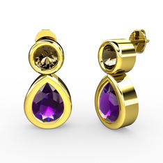 Ametist ve dumanlı kuvars 14 ayar altın küpe