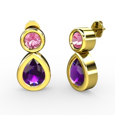 Ametist ve pembe kuvars 18 ayar altın küpe
