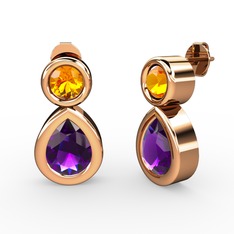 İkili Damla Küpe - Ametist ve sitrin 8 ayar rose altın küpe #2s2b8v