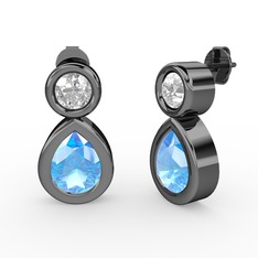 İkili Damla Küpe - Akuamarin ve beyaz zirkon 925 ayar siyah rodyum kaplama gümüş küpe #2v05ab
