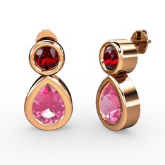 İkili Damla Küpe - Pembe kuvars ve garnet 925 ayar rose altın kaplama gümüş küpe #4kc0l0