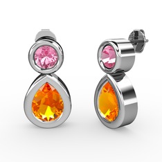 Sitrin ve pembe kuvars 8 ayar beyaz altın küpe