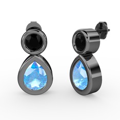 İkili Damla Küpe - Akuamarin ve siyah zirkon 925 ayar siyah rodyum kaplama gümüş küpe #744kux