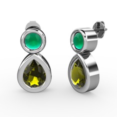 İkili Damla Küpe - Peridot ve kök zümrüt 14 ayar beyaz altın küpe #9ep7uv