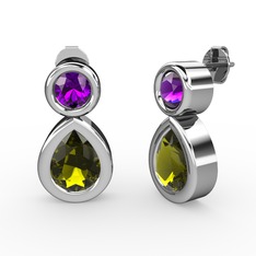 İkili Damla Küpe - Peridot ve ametist 8 ayar beyaz altın küpe #9krjde