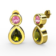 İkili Damla Küpe - Peridot ve pembe kuvars 8 ayar altın küpe #a1mjq1