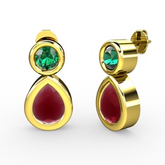 İkili Damla Küpe - Kök yakut ve yeşil kuvars 8 ayar altın küpe #a235yr