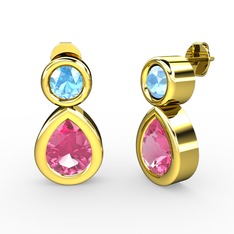 İkili Damla Küpe - Pembe kuvars ve akuamarin 18 ayar altın küpe #aet35u