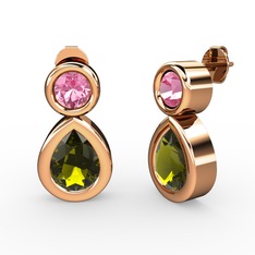 Peridot ve pembe kuvars 18 ayar rose altın küpe