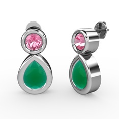 İkili Damla Küpe - Kök zümrüt ve pembe kuvars 18 ayar beyaz altın küpe #e9cr7g