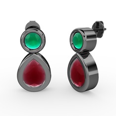 İkili Damla Küpe - Kök yakut ve kök zümrüt 925 ayar siyah rodyum kaplama gümüş küpe #f8yu1x