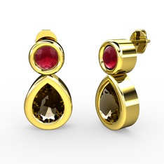 İkili Damla Küpe - Dumanlı kuvars ve kök yakut 925 ayar altın kaplama gümüş küpe #gpr8c3