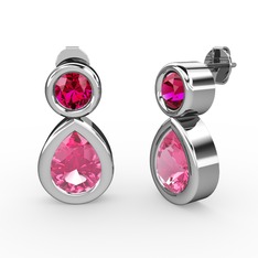 Pembe kuvars ve rodolit garnet 8 ayar beyaz altın küpe