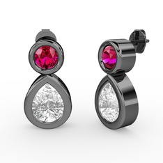 İkili Damla Küpe - Beyaz zirkon ve rodolit garnet 925 ayar siyah rodyum kaplama gümüş küpe #iikdlp