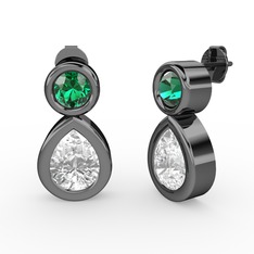 İkili Damla Küpe - Swarovski ve yeşil kuvars 925 ayar siyah rodyum kaplama gümüş küpe #joje5e