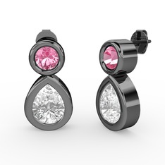 İkili Damla Küpe - Swarovski ve pembe kuvars 925 ayar siyah rodyum kaplama gümüş küpe #jybg15