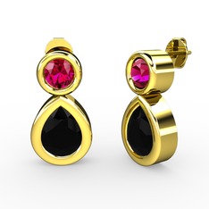 İkili Damla Küpe - Siyah zirkon ve rodolit garnet 14 ayar altın küpe #la0dj8