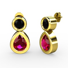 İkili Damla Küpe - Rodolit garnet ve siyah zirkon 14 ayar altın küpe #m35zzk