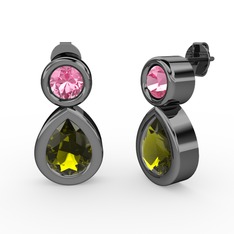 İkili Damla Küpe - Peridot ve pembe kuvars 925 ayar siyah rodyum kaplama gümüş küpe #n325e7