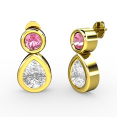 İkili Damla Küpe - Beyaz zirkon ve pembe kuvars 14 ayar altın küpe #o0250x
