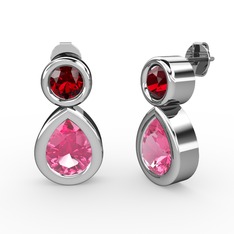 Pembe kuvars ve garnet 14 ayar beyaz altın küpe