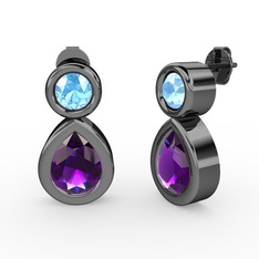 İkili Damla Küpe - Ametist ve akuamarin 925 ayar siyah rodyum kaplama gümüş küpe #okvqs5