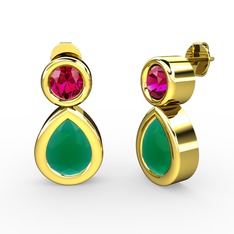 İkili Damla Küpe - Kök zümrüt ve rodolit garnet 8 ayar altın küpe #ran6il