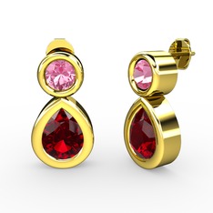 Garnet ve pembe kuvars 18 ayar altın küpe