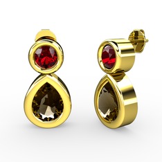 İkili Damla Küpe - Dumanlı kuvars ve garnet 18 ayar altın küpe #rwygyn