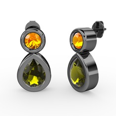 İkili Damla Küpe - Peridot ve sitrin 925 ayar siyah rodyum kaplama gümüş küpe #u7bggd