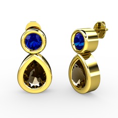 Dumanlı kuvars ve lab safir 18 ayar altın küpe