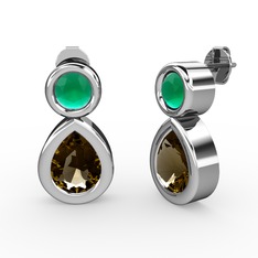 İkili Damla Küpe - Dumanlı kuvars ve kök zümrüt 8 ayar beyaz altın küpe #zay4yr