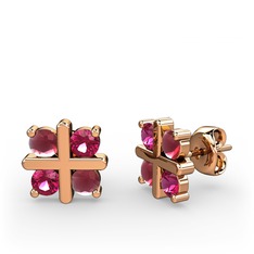 Dört Taşlı Küpe - Kök yakut ve rodolit garnet 8 ayar rose altın küpe #10cer3l