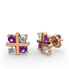 Dört Taşlı Küpe - Ametist ve beyaz zirkon 18 ayar rose altın küpe #10hr7og