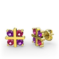 Dört Taşlı Küpe - Ametist ve rodolit garnet 18 ayar altın küpe #10rpg92