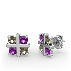 Dört Taşlı Küpe - Dumanlı kuvars ve ametist 18 ayar beyaz altın küpe #10urfvk