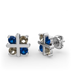 Lab safir ve dumanlı kuvars 14 ayar beyaz altın küpe