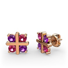 Dört Taşlı Küpe - Ametist ve rodolit garnet 8 ayar rose altın küpe #136ey0d