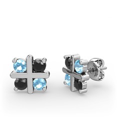 Dört Taşlı Küpe - Akuamarin ve siyah zirkon 8 ayar beyaz altın küpe #13dzcro
