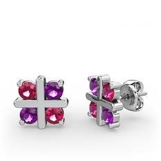 Dört Taşlı Küpe - Rodolit garnet ve ametist 14 ayar beyaz altın küpe #13h5efs