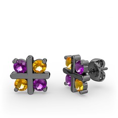 Dört Taşlı Küpe - Ametist ve sitrin 925 ayar siyah rodyum kaplama gümüş küpe #13hu1rs