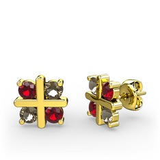 Garnet ve dumanlı kuvars 8 ayar altın küpe