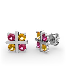 Dört Taşlı Küpe - Rodolit garnet ve sitrin 14 ayar beyaz altın küpe #145sdda