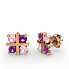 Dört Taşlı Küpe - Pembe kuvars ve ametist 8 ayar rose altın küpe #14jkbd8