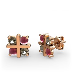 Dört Taşlı Küpe - Dumanlı kuvars ve kök yakut 14 ayar rose altın küpe #15bxkda