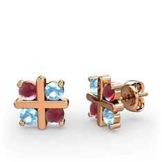 Dört Taşlı Küpe - Kök yakut ve akuamarin 14 ayar rose altın küpe #16lc6vg